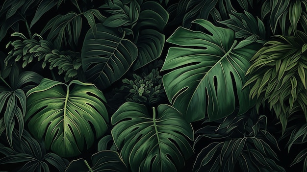 Schizzo di texture vintage di una giungla con foglie di foresta tropicale e palme come carta da parati Generative Ai