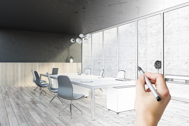 Schizzo di un creativo moderno interno di sala riunioni in legno e cemento con finestre panoramiche in vetro tavolo con dispositivi riparazioni e concetto di progettazione