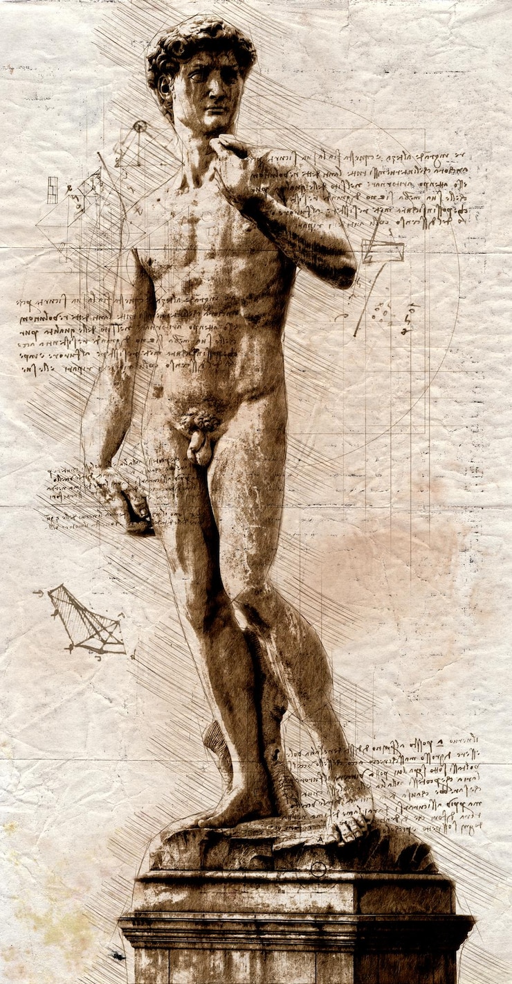 Schizzo digitale del David di Michelangelo su carta antica