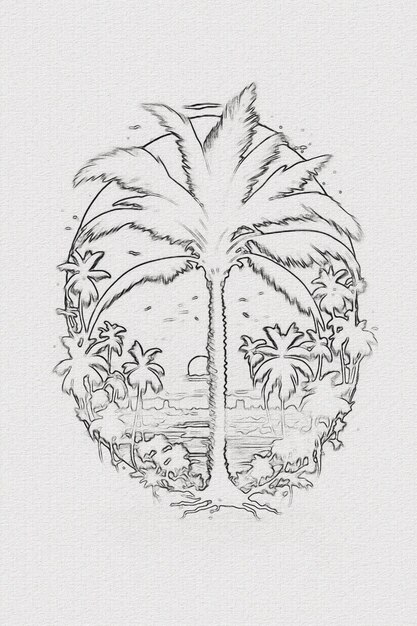 Schizzo disegnato a mano della montagna al tramonto e dell'illustrazione della palma per il design della maglietta