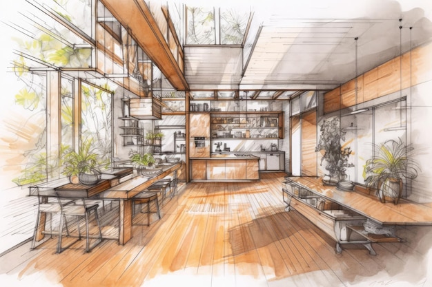 Schizzo disegnato a mano focalizzato sui dettagli dell'interno di una casa moderna elegante Illustrazione generativa di AI