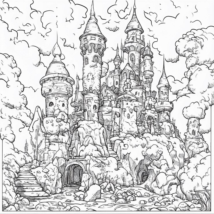 Foto schizzo intricato di un castello di favola in mezzo a terreni rocciosi e nuvole