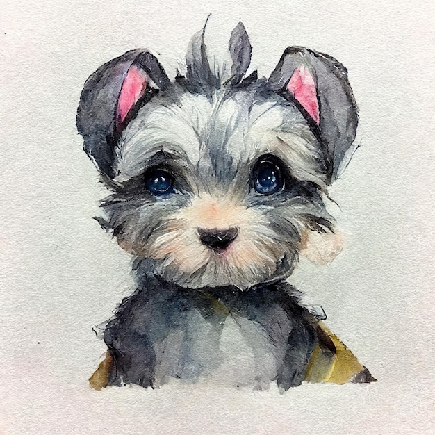 Schnauzer miniatura. Adorabile cagnolino. Illustrazione ad acquerello con macchie di colore. Tutte le razze canine co