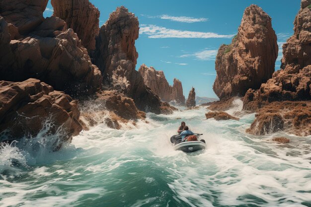 Sci d'acqua veloce intorno alla costa rocciosa in acque blu generative IA