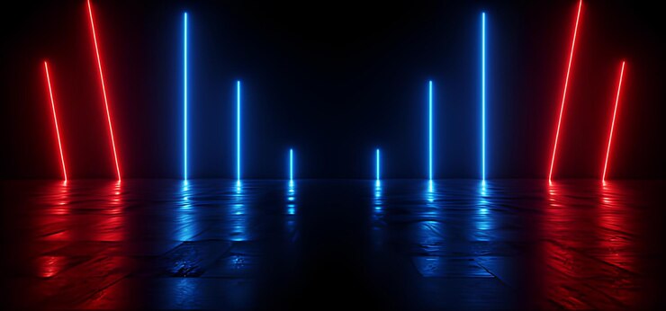 Sci Fi Cyber Futuristic Neon Glowing Red Blue Vibrant Electric Laser Lights On Tiled Stone Cement