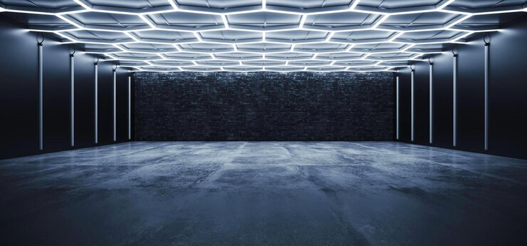 Sci Fi Futuristico Garage Hangar Studio Moderno Esagonale Bianco Neon Blu Luci Glowing Cemento Concreto