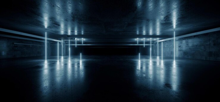 Sci Fi Futuristico Moderno Neon Laser Elettrico Blu Bianco Garage Hangar Magazzino Tunnel Corr