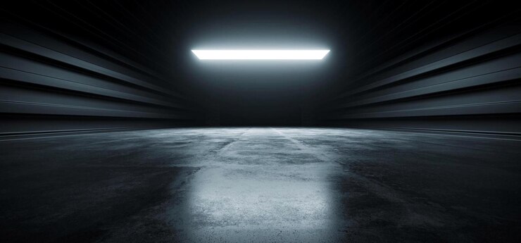 Sci Fi moderno cemento scuro asfalto navicella spaziale futuristica elegante tunnel di garage sotterraneo