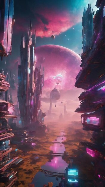 Sci fi paesaggio di realtà virtuale in stile cyberpunk rendering 3d universo fantasy e nuvola spaziale