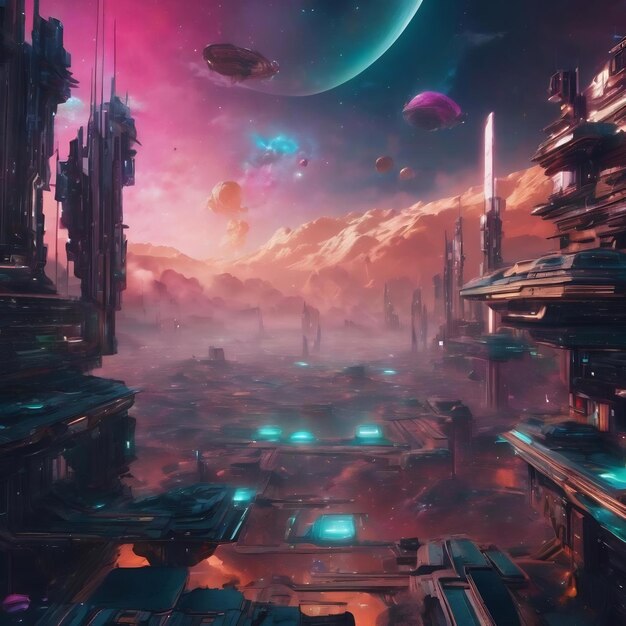 Sci fi paesaggio di realtà virtuale in stile cyberpunk rendering 3d universo fantasy e sfondo di nuvole spaziali