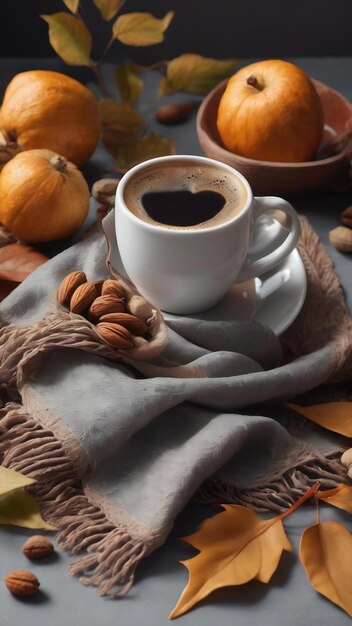 Scialle e foglie vicino al caffè e alle noci