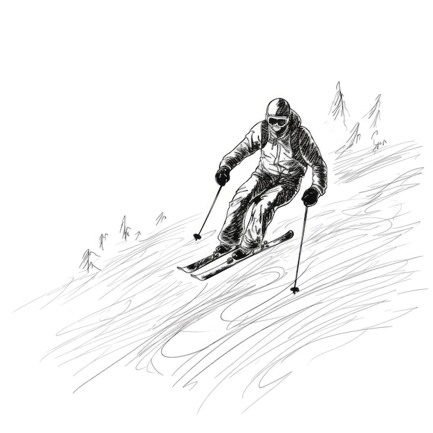 Sciare giù per la montagna Un disegno a linea continua di un appassionato di sport invernali