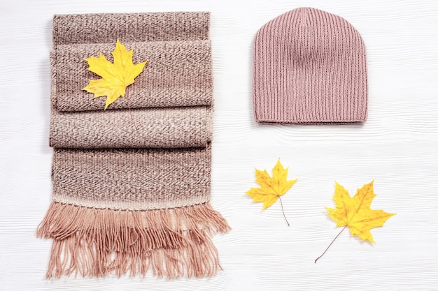 Sciarpa e berretto di lana calda e confortevole autunnale e foglie di acero decorative decorative