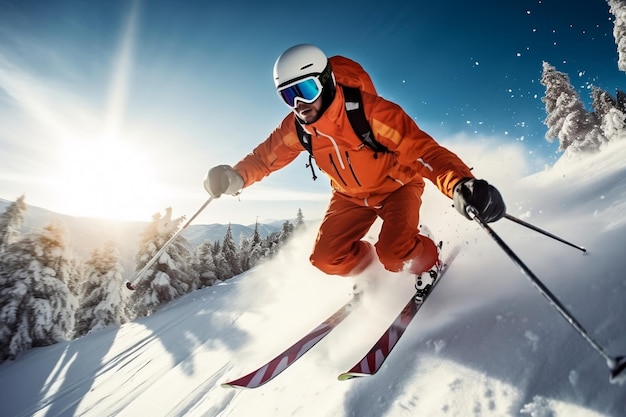 Sciatore avventuroso in azione Sport invernali estremi IA generativa