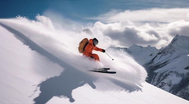 Sciatore che cade nelle montagne delle Alpi invernali