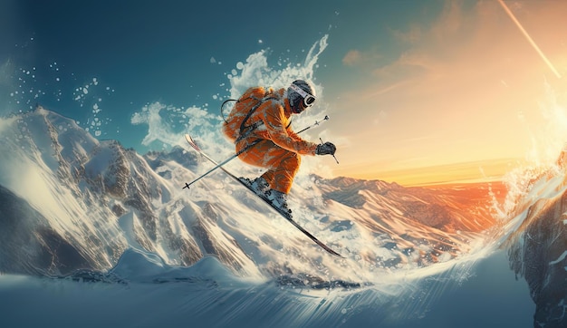 sciatore che salta su una montagna utilizzando gli sci sulla neve in stile arancione e ambra