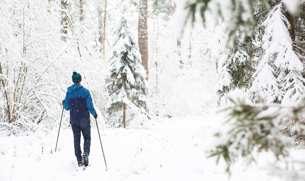 Sciatore di fondo in cappello con pompon con bastoncini da sci nella foresta invernale innevata.