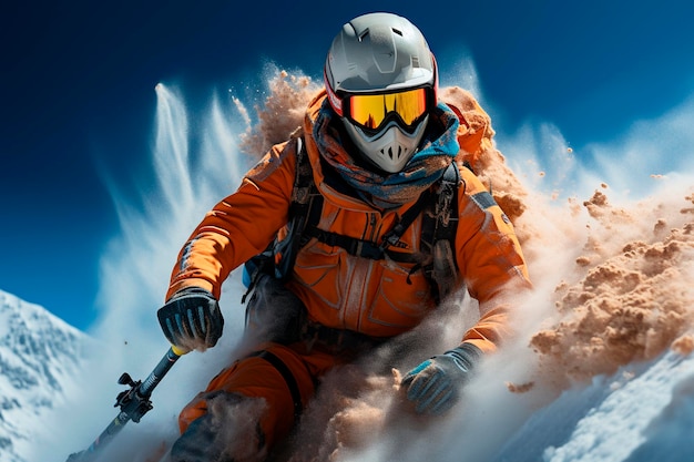 Sciatore in casco e occhiali che scia in discesa in alta montagna durante la giornata di solegenerativa ai