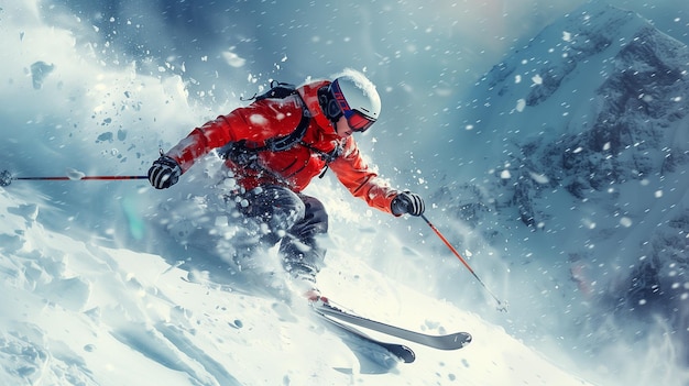 Sciatore in discesa in alta montagna durante una giornata di sole Sport estremo