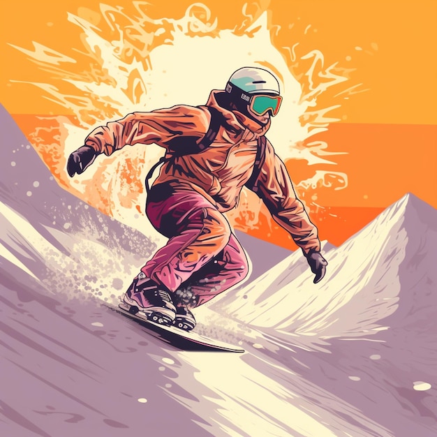 Sciatore in giacca arancione e occhiali che scende da una collina innevata ai generativa