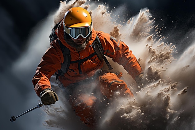 sciatore in giacca arancione e occhiali da vista che sciano giù per un pendio di montagna ai generativo