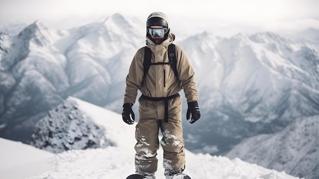 sciatore in piedi sulla cima di una montagna con lo snowboard in mano IA generativa