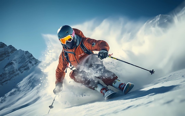 Sciatore nella neve che accelera lungo il pendio
