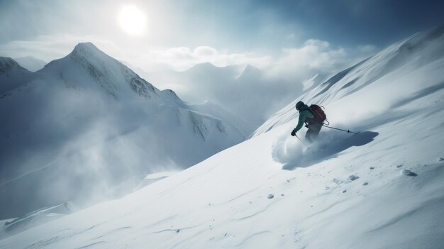 Sciatore sullo sfondo di una montagna innevata nei raggi del sole scende rapidamente AI generato