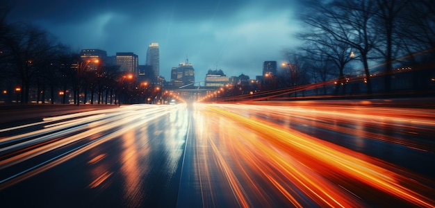 Scie luminose bokeh provenienti dallo sfondo di auto in movimento IA generativa