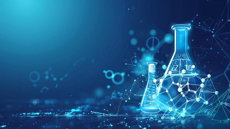Scientific laboratory with blue chemistry glassware and molecular structure background Concept of science research chemical experiments technology advancements Copy space