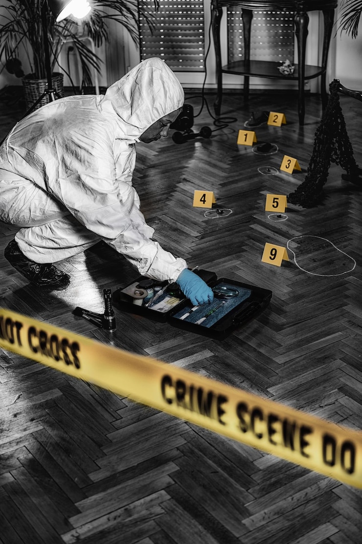 Foto scienza forense esperto forense che raccoglie indizi dalla scena di un crimine