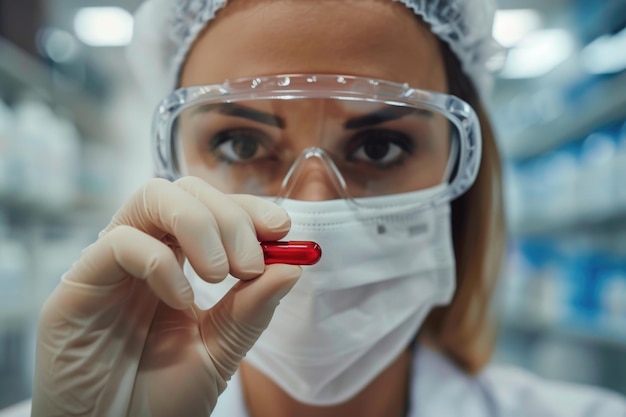 Scienziata attraente tiene la pillola rossa in laboratorio