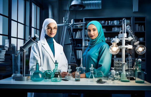 Scienziata musulmana asiatica che lavora in un laboratorio chimico indossa l'hijab e gli occhiali