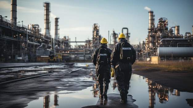 Scienziati ambientali che studiano inquinanti o contaminanti pericolosi nel settore della raffineria di petrolio