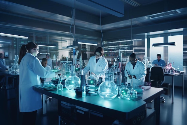 scienziati che lavorano in un laboratorio con la parola chimica sul lato.