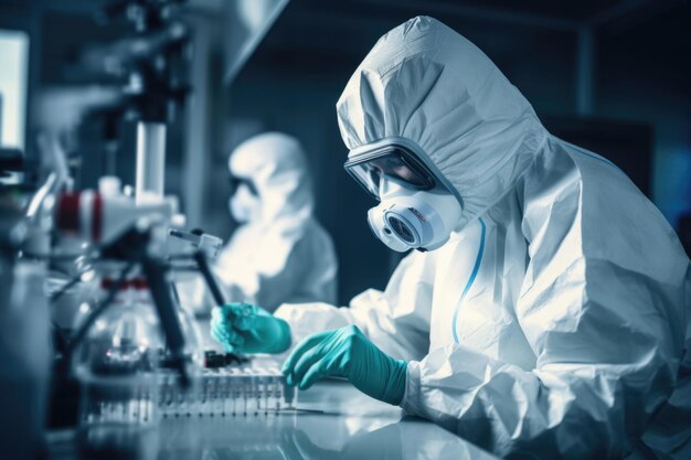 Scienziati in tuta protettiva che indossano una maschera siedono davanti a un tavolo di laboratorio e conducono uno studio su un nuovo vaccino contro il coronavirus