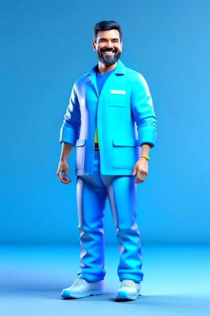 Scienziato 3D in uniforme di fronte a uno sfondo blu in studio