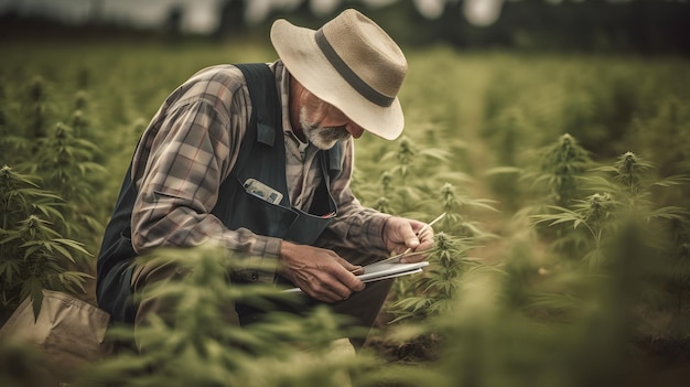 Scienziato alla ricerca di piantagioni di piante infestanti di cannabis piantagione agricola di marihuana AI generativa