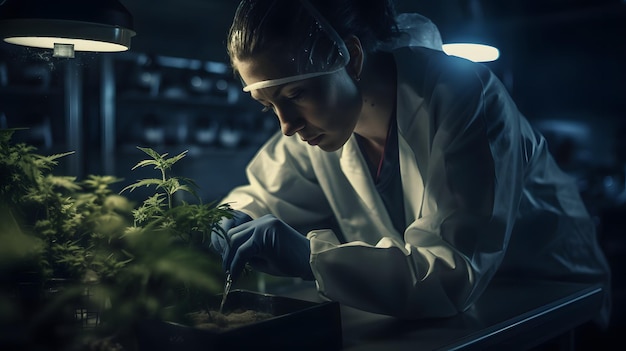 Scienziato alla ricerca di piantagioni di piante infestanti di cannabis piantagione agricola di marihuana AI generativa