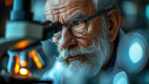 Scienziato anziano che guarda attraverso un microscopio in un laboratorio