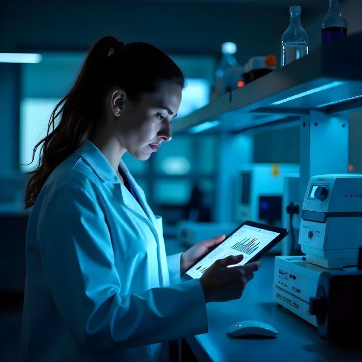 Scienziato che analizza i dati su un tablet digitale