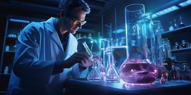 Scienziato che conduce test sulle sostanze in una stanza di laboratorio