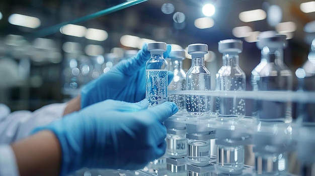 Scienziato che esamina bottiglie in un laboratorio chimico Scienza e industria farmaceutica