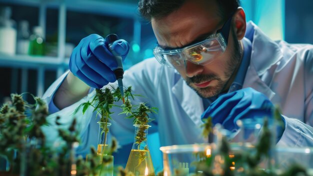 Scienziato che esamina le piante di cannabis in un ambiente di laboratorio controllato