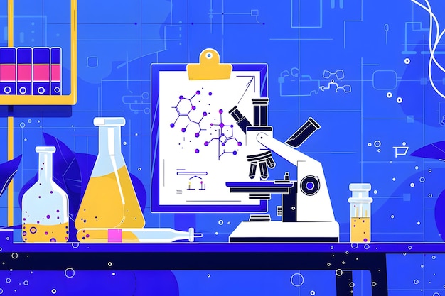 Scienziato che lavora in un laboratorio con un microscopio diapositiva pellicola luce azzurra