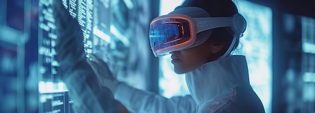 Scienziato che utilizza apparecchiature di realtà virtuale all'avanguardia in un ambiente futuristico