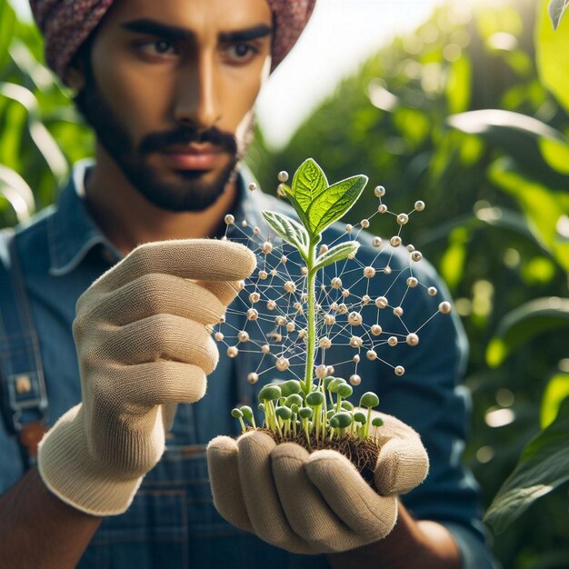 Scienziato con la mano in mano una piantina e un microscopio concetto di scienza e biotecnologia