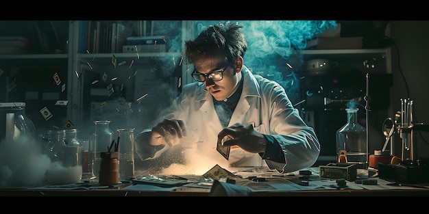 Scienziato concentrato che lavora diligentemente in un laboratorio disordinato catturando lo spirito di scoperta cinematografica e atmosferica perfetta per contenuti educativi AI