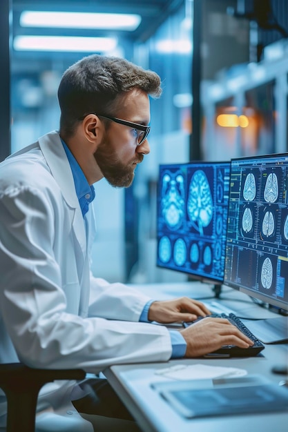 Scienziato di esplorazione neuroscientifica in camicetta bianca che analizza i dati del cervello umano sul PC