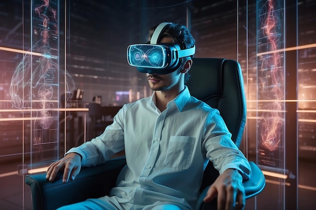 Scienziato di laboratorio in cuffie VR con interfaccia olografica futuristica per lo studio del cervello Centro di ricerca neurologica